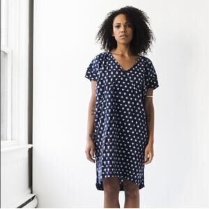 Esby Tunic Dress Women Small Blue Alice Diamond Oversized V-Neck USA Made Cotton